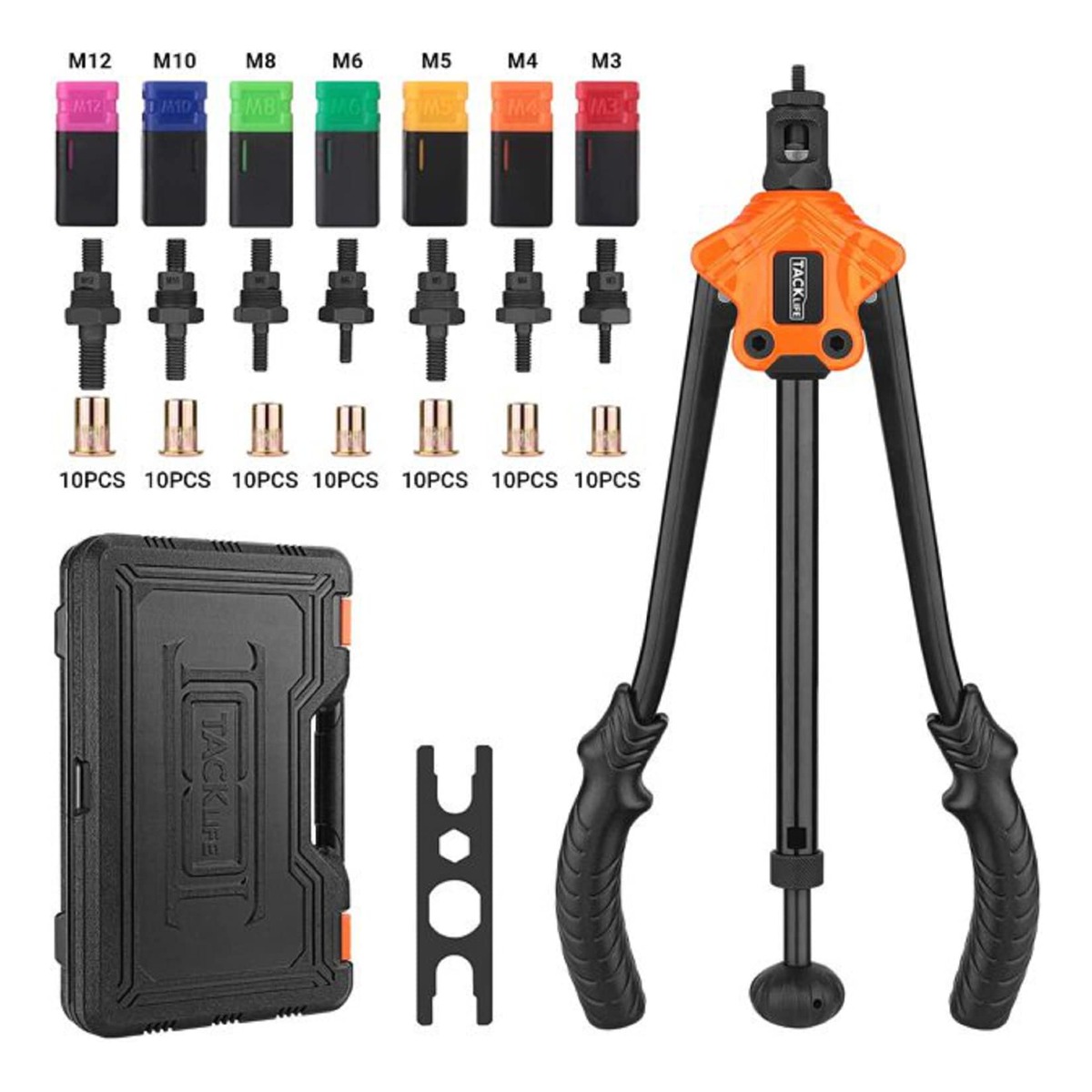 Bild 1 von TACKLIFE HHNP1A, Nietmuttern-Werkzeug, 35,6 cm Selbstpumpen-Nietsetzer-Kit mit 8 metrischen Dornen, 80 Stück Nietmuttern