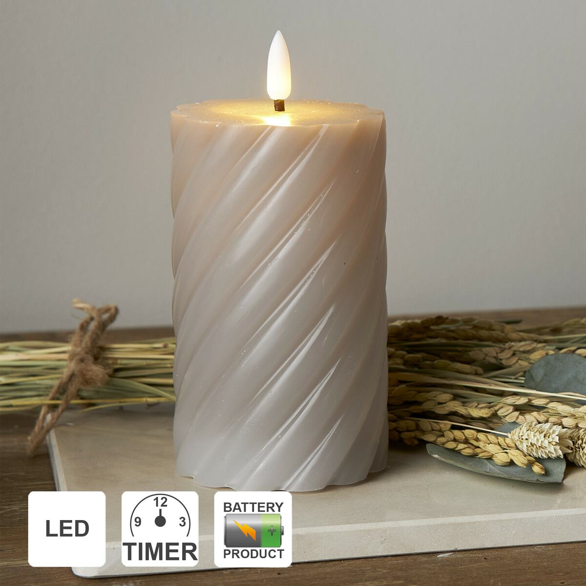 Bild 1 von Star Trading LED Kerzen mit Timerfunktion   Stumpenkerzen Grau   LED Kerze mit Timer   LED Stumpenkerzen mit Timer   Gedrehte Kerzen 2er Set  Deko Kerzen Grau   LED Kerze flackernde Flamme   elektris