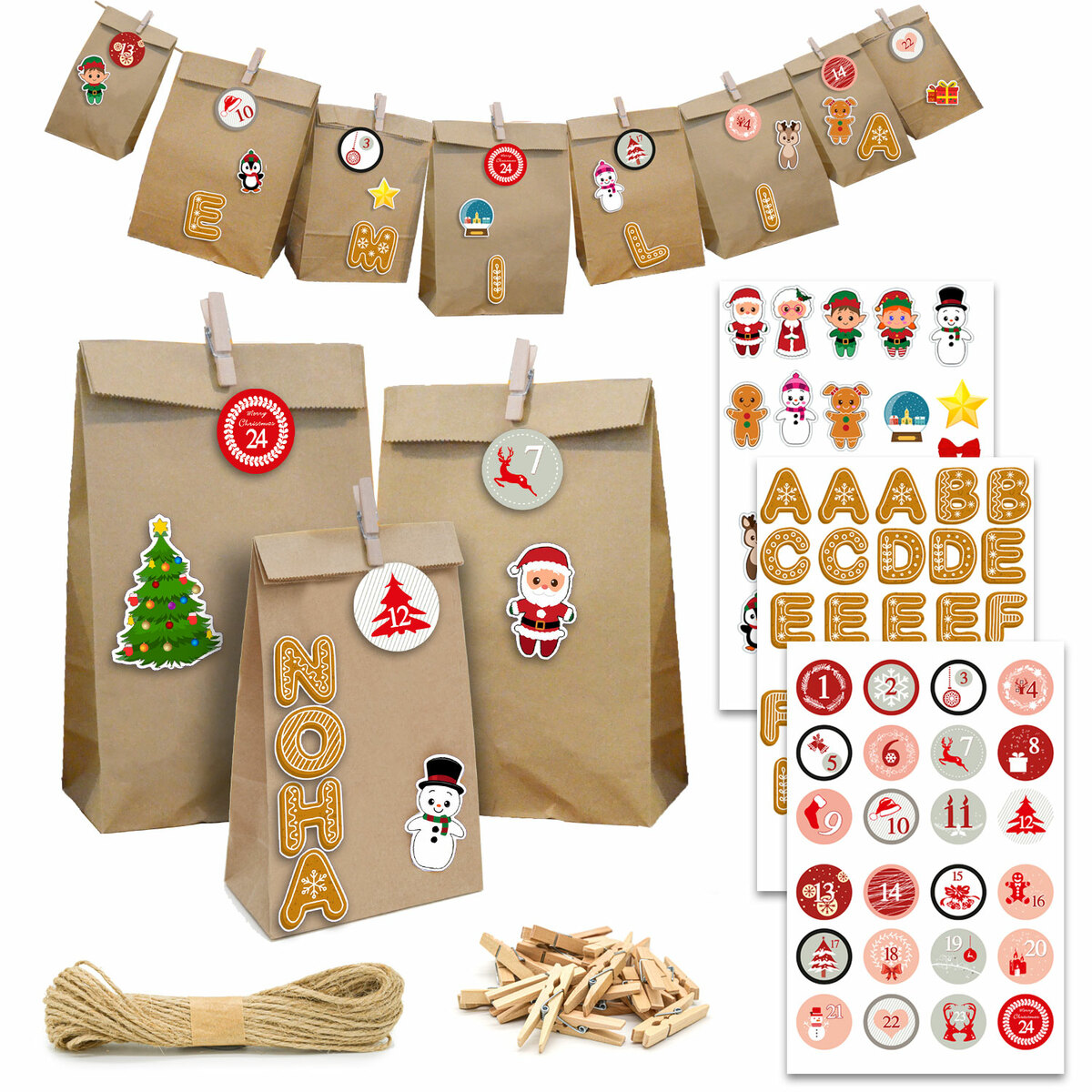 Bild 1 von DIY Adventskalender zum Befüllen - 24 Papiertüten in 3 Größen Sticker Bastelset