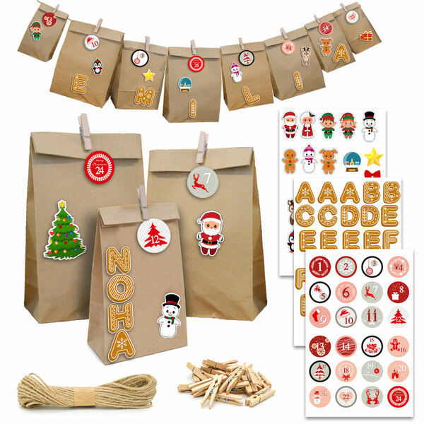 Bild 1 von DIY Adventskalender zum Befüllen - 24 Papiertüten in 3 Größen Sticker Bastelset