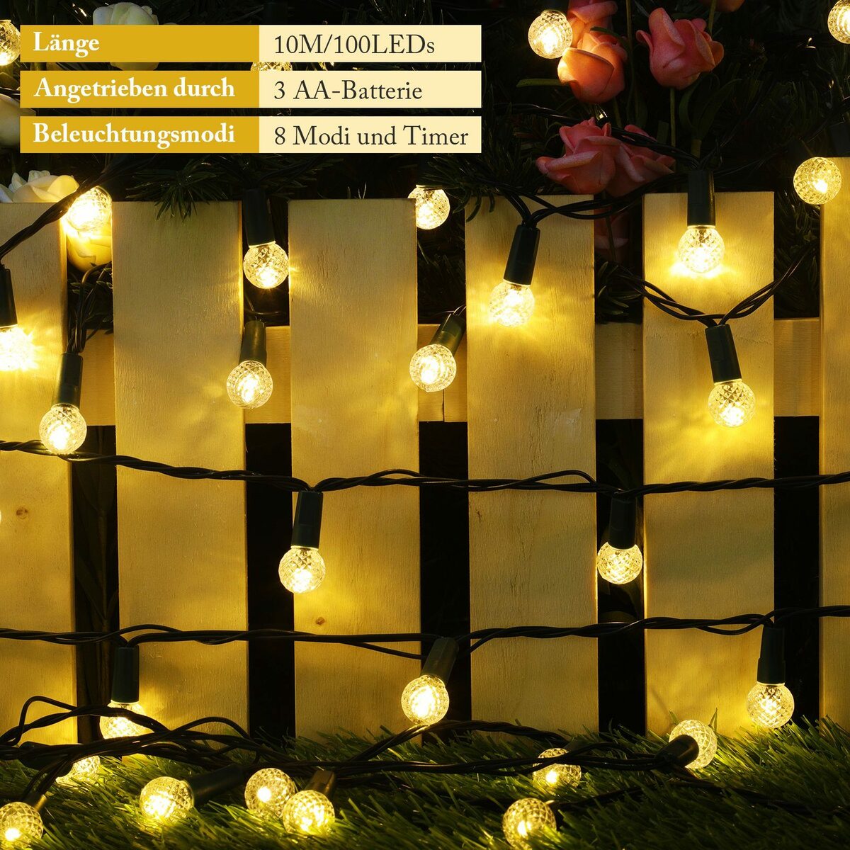 Bild 4 von Elegear LED-Lichterkette 10M 100LEDs Weihnachtsdeko Batterie, Kugel Lichterkette, 100-flammig, Timer 8 Modi