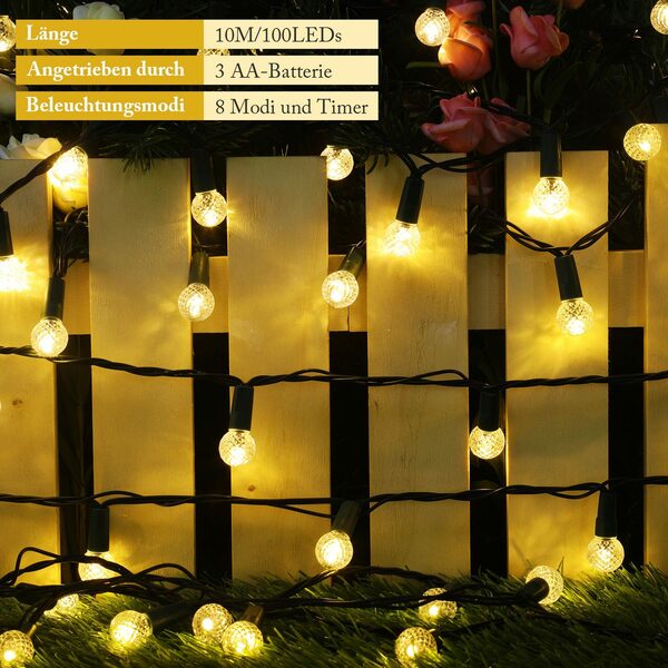 Bild 4 von Elegear LED-Lichterkette 10M 100LEDs Weihnachtsdeko Batterie, Kugel Lichterkette, 100-flammig, Timer 8 Modi