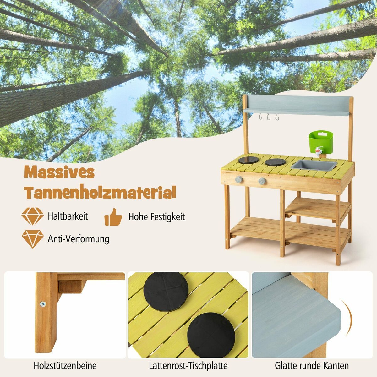 COSTWAY OutdoorSpielküche Kinderküche Holz, mit Stauraum, für Garten