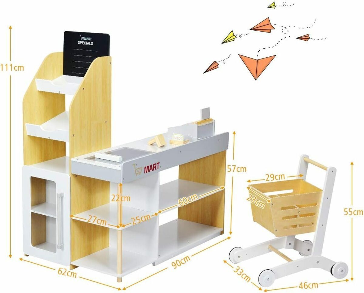 Bild 3 von KOMFOTTEU Kaufladen mit Einkaufswagen, Supermarkt aus Holz