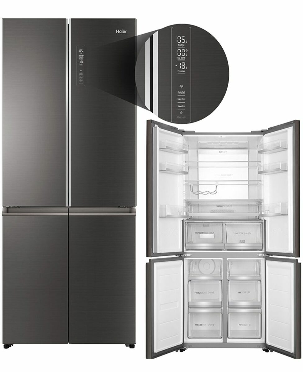 Bild 1 von Haier Kühl-/Gefrierkombination Design Cube 4 Door HTF -508DGS7, 190 cm hoch, 83 cm breit, Total No Frost, MyZone, MySwitchZone, Daylight– LED, Iconic Glas Grey