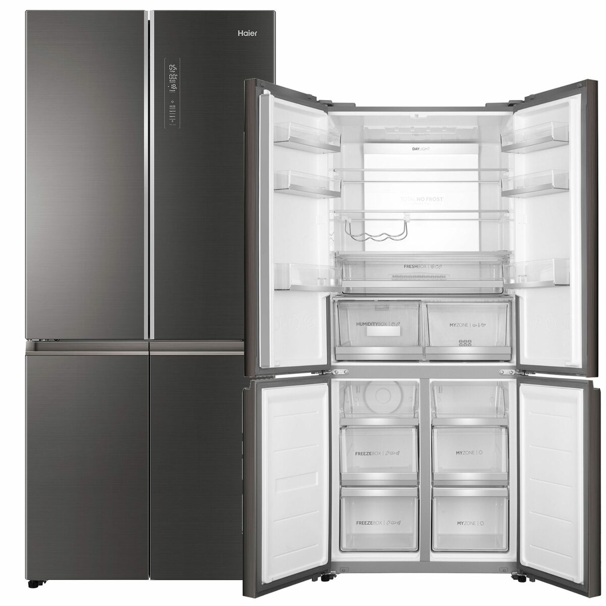 Bild 2 von Haier Kühl-/Gefrierkombination Design Cube 4 Door HTF -508DGS7, 190 cm hoch, 83 cm breit, Total No Frost, MyZone, MySwitchZone, Daylight– LED, Iconic Glas Grey