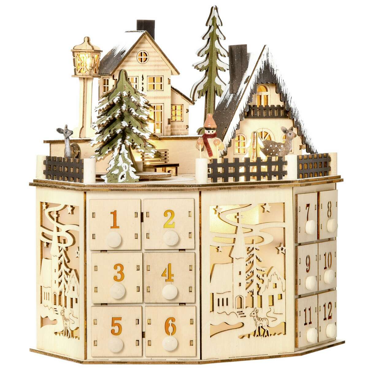 Bild 1 von HOMCOM Adventskalender mit LED Lichtern und kleinem Dorf natur 25B x 20T x 29H cm   Advent Adventskalender Weihnachten Befüllen Dorf LED Dekoration
