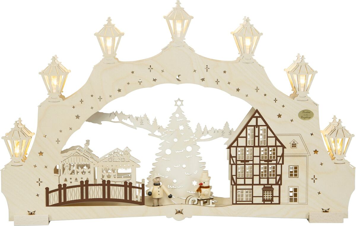 Bild 1 von 3D-Lichterbogen "Weihnachtsbaum" mit Figur, farbig abgesetzt, 7-flammige LED-Beleuchtung, warmweiß und Timerfunktion am Trafo