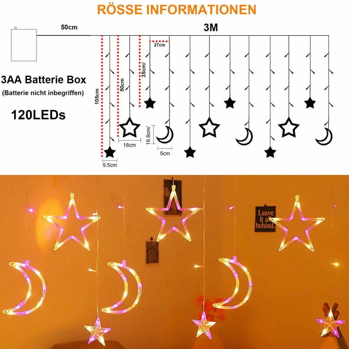 Bild 2 von Rosnek LED-Lichtervorhang 3M 120LEDs, Stern Mond, wasserdicht, für Party Ramadan Weihnachten, Schlafzimmer Camping Zelt Deko; batterie