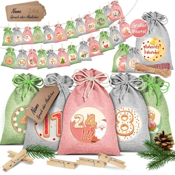 Bild 1 von KESSER® Adventskalender zum Befüllen 24 Jutebeutel Gedruckte Stoffbeutel Kinder Weihnachtskalender zum Selber Befüllen Inkl.. 24x Schildchen + 1 Großer Aufbewahrungsbeutel Stoff