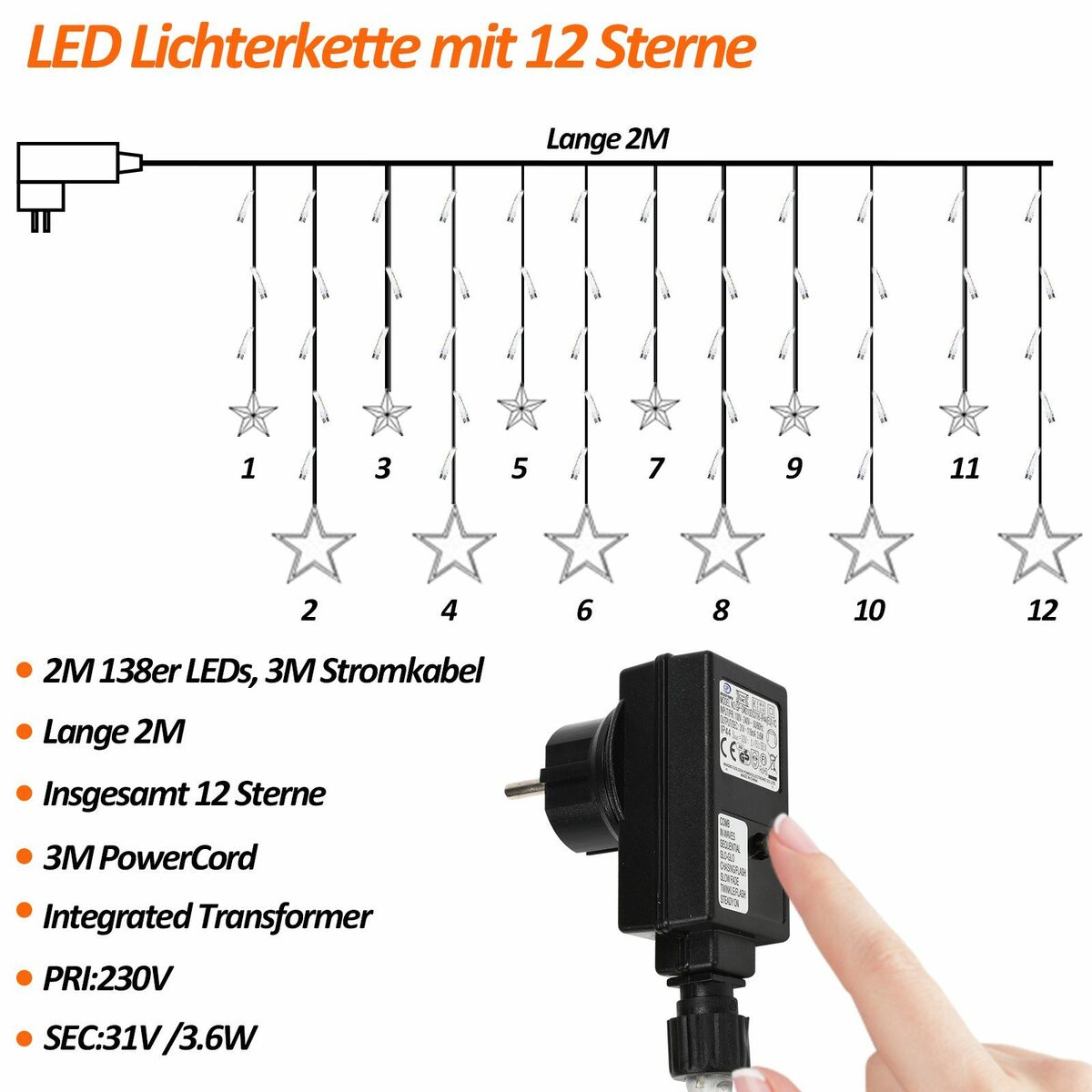 Bild 2 von Lospitch LED-Lichterkette LED Lichterkette Sterne Lichtervorhang Weihnachtsdeko IP44 Innen Außen, 138-flammig