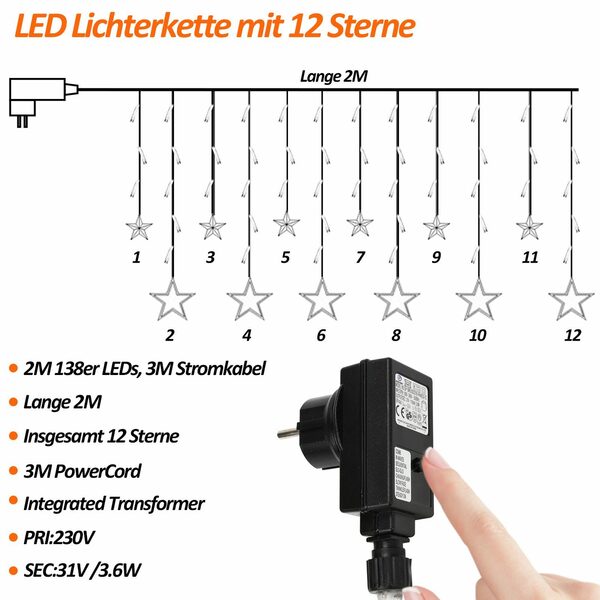 Bild 2 von Lospitch LED-Lichterkette LED Lichterkette Sterne Lichtervorhang Weihnachtsdeko IP44 Innen Außen, 138-flammig