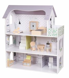 Coemo Puppenhaus, (möbliertes Puppenhaus Holz, 11-tlg), Puppenstube aus Holz, komplett mit Möbel und Zubehör