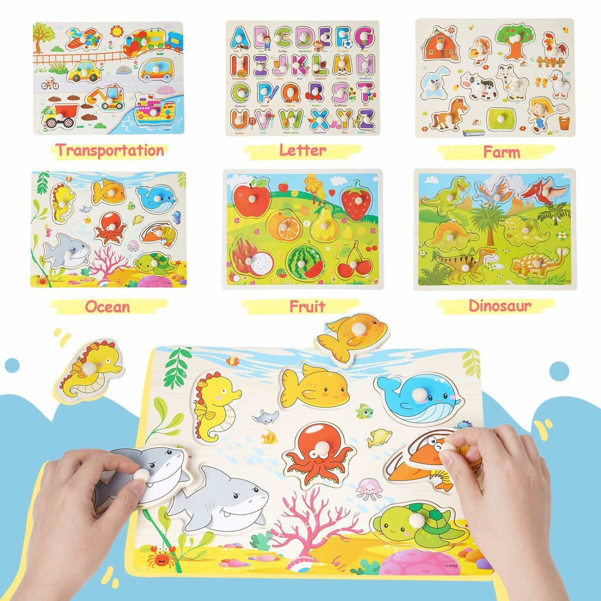 Bild 4 von BeebeeRun Lernspielzeug Dino, Fahrzeug, Bauernhof, Zoo, Meer, Obst Holzpuzzle (6er Set), Puzzlespiel, Steckpuzzle, Holzspielzeug für Kinder ab 1 Jahr