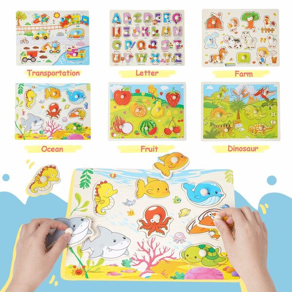 Bild 4 von BeebeeRun Lernspielzeug Dino, Fahrzeug, Bauernhof, Zoo, Meer, Obst Holzpuzzle (6er Set), Puzzlespiel, Steckpuzzle, Holzspielzeug für Kinder ab 1 Jahr
