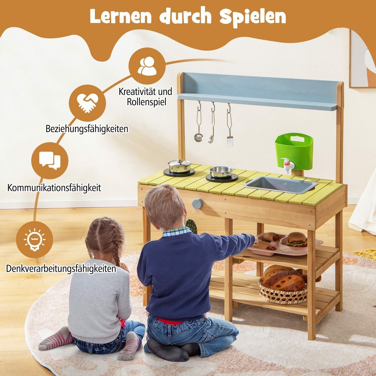 COSTWAY OutdoorSpielküche Kinderküche Holz, mit Stauraum, für Garten