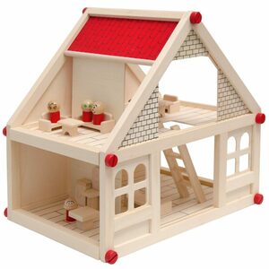 eyepower Puppenhaus 2-stöckiges Puppenhaus mit passenden Möbeln, Puppenstube Naturholz 11 Möbel