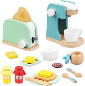 Hikeren Lernspielzeug Holz Kaffeemaschine & Pop-up Toaster, Bunte Sets, 17-teiliges Set