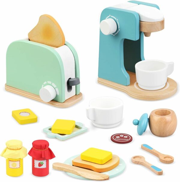 Bild 1 von Hikeren Lernspielzeug Holz Kaffeemaschine & Pop-up Toaster, Bunte Sets, 17-teiliges Set