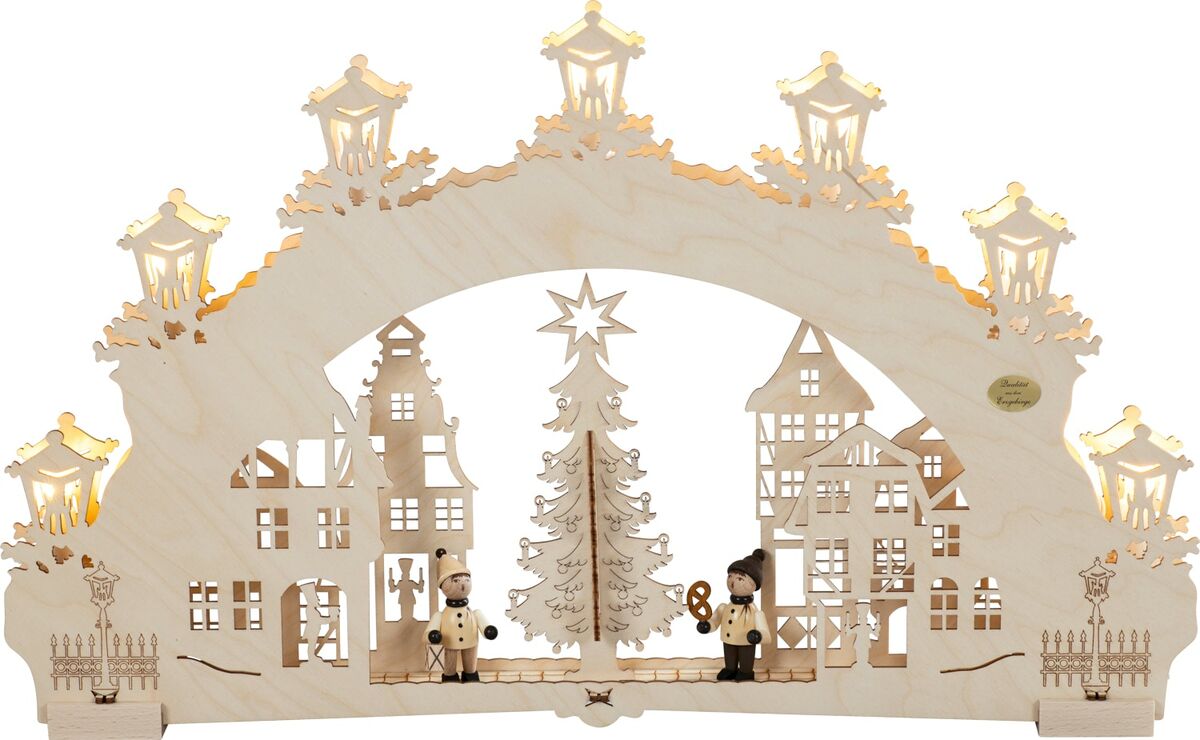 Bild 1 von 3D-Lichterbogen "Auf dem Weihnachtsmarkt", 7-flammige LED-Beleuchtung, warmweiß und Timerfunktion am Trafo