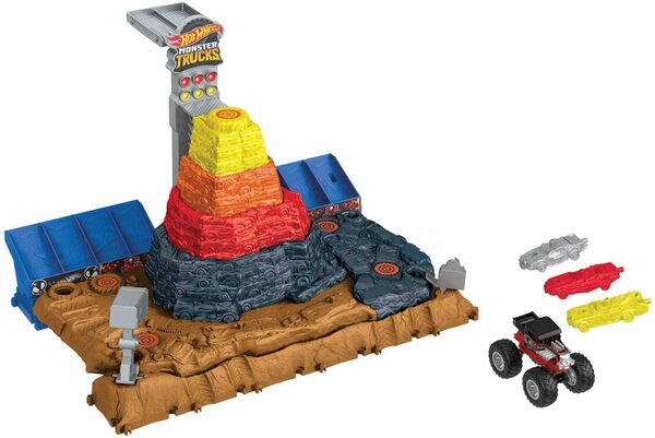 Bild 1 von Hot Wheels Spiel-Parkhaus Monster Trucks Bone Shakers Schrottplatz, 1 Spielzeug-Auto 1:64