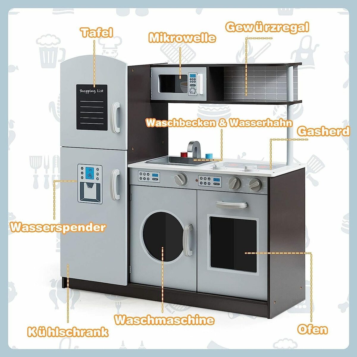 Bild 2 von KOMFOTTEU Spielküche Kinderküche MDF, Spielzeugküche mit Klickgeräuschen