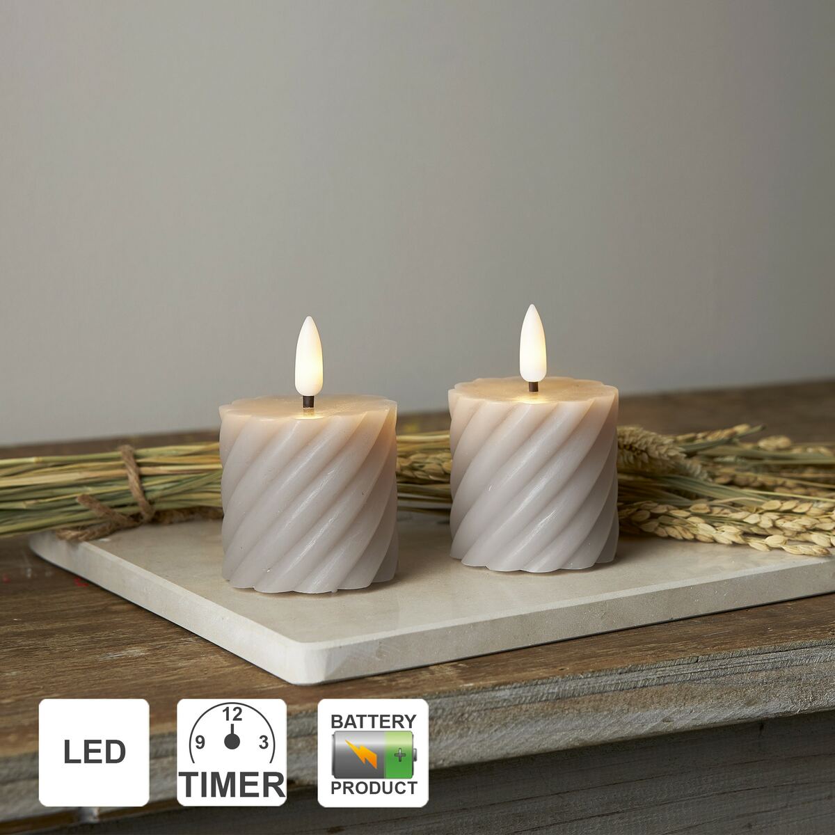 Bild 1 von Star Trading LED Kerzen mit Timerfunktion   Stumpenkerzen Grau   LED Kerze mit Timer   Stumpenkerzen Set 4er   LED Stumpenkerzen mit Timer   Gedrehte Kerzen   Deko Kerzen Grau   LED Kerze flackernde