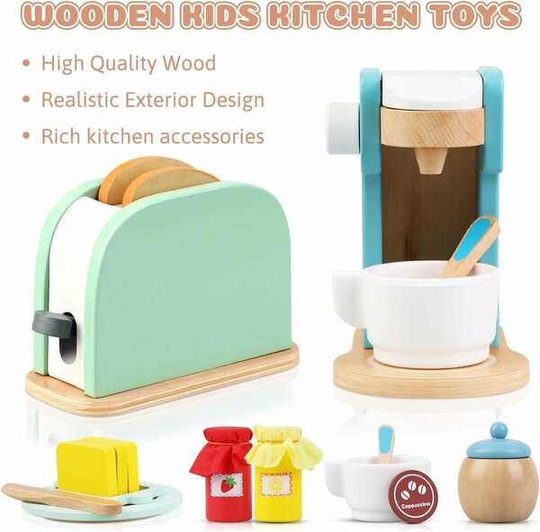 Bild 3 von Hikeren Lernspielzeug Holz Kaffeemaschine & Pop-up Toaster, Bunte Sets, 17-teiliges Set