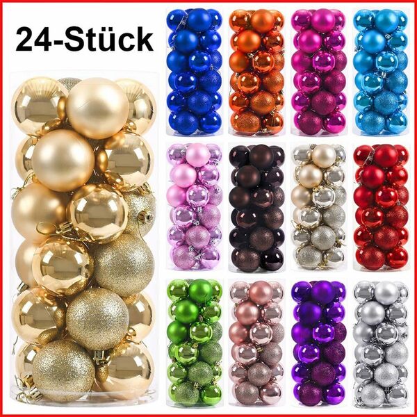 12-teiliges Weihnachtskugel Set Mit Glitzer - Beflockte Christbaumkugeln In 6 Farben