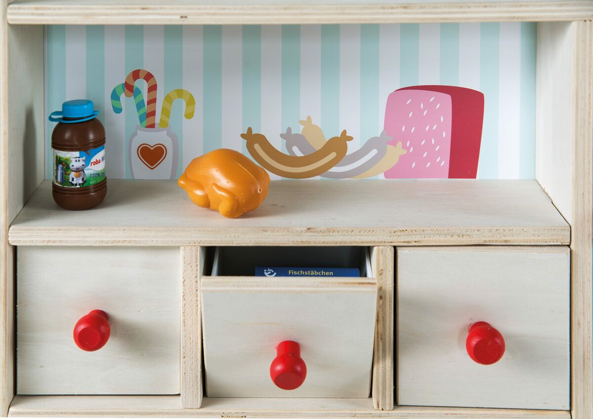 Bild 3 von roba® Kaufladen "Minishop" – Holz natur, mit Theke, Tafel, Schiebetür & Markststand Bedruckung