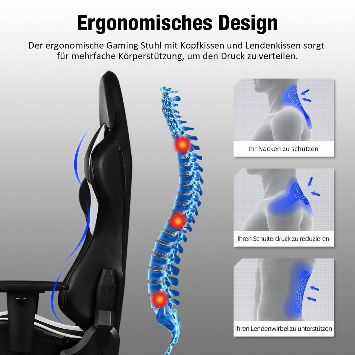 Bild 3 von Authmic Gaming-Stuhl Authmic Gaming-Stuhl Gaming Stuhl, Bürostuhl (Ergonomischer Schreibtischstuhl (mit verstellbare Kopfstütze und Lendenwirbelstütze, Computerstuhl mit Lendenkissen,Gamer St