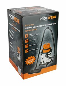 Profiwerk Nass-Trocken-Sauger PWNTS-01-Kit Akku-Sauger 20V, 20l, 8,0 Kpa, 80 W, Ausblasfunktion, 4,0Ah Akku, Ladegerät