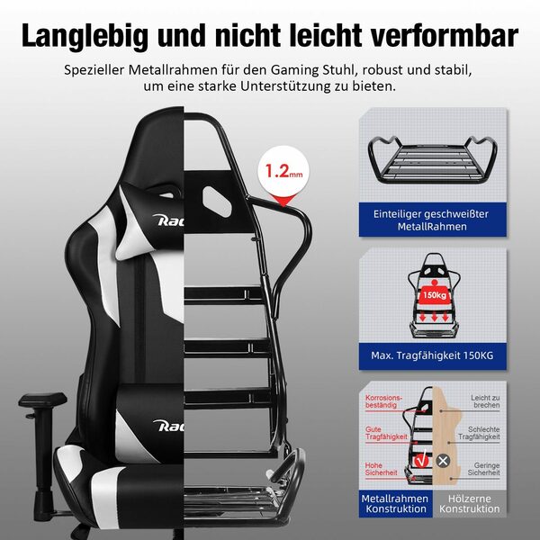 Bild 4 von Authmic Gaming-Stuhl Authmic Gaming-Stuhl Gaming Stuhl, Bürostuhl (Ergonomischer Schreibtischstuhl (mit verstellbare Kopfstütze und Lendenwirbelstütze, Computerstuhl mit Lendenkissen,Gamer St