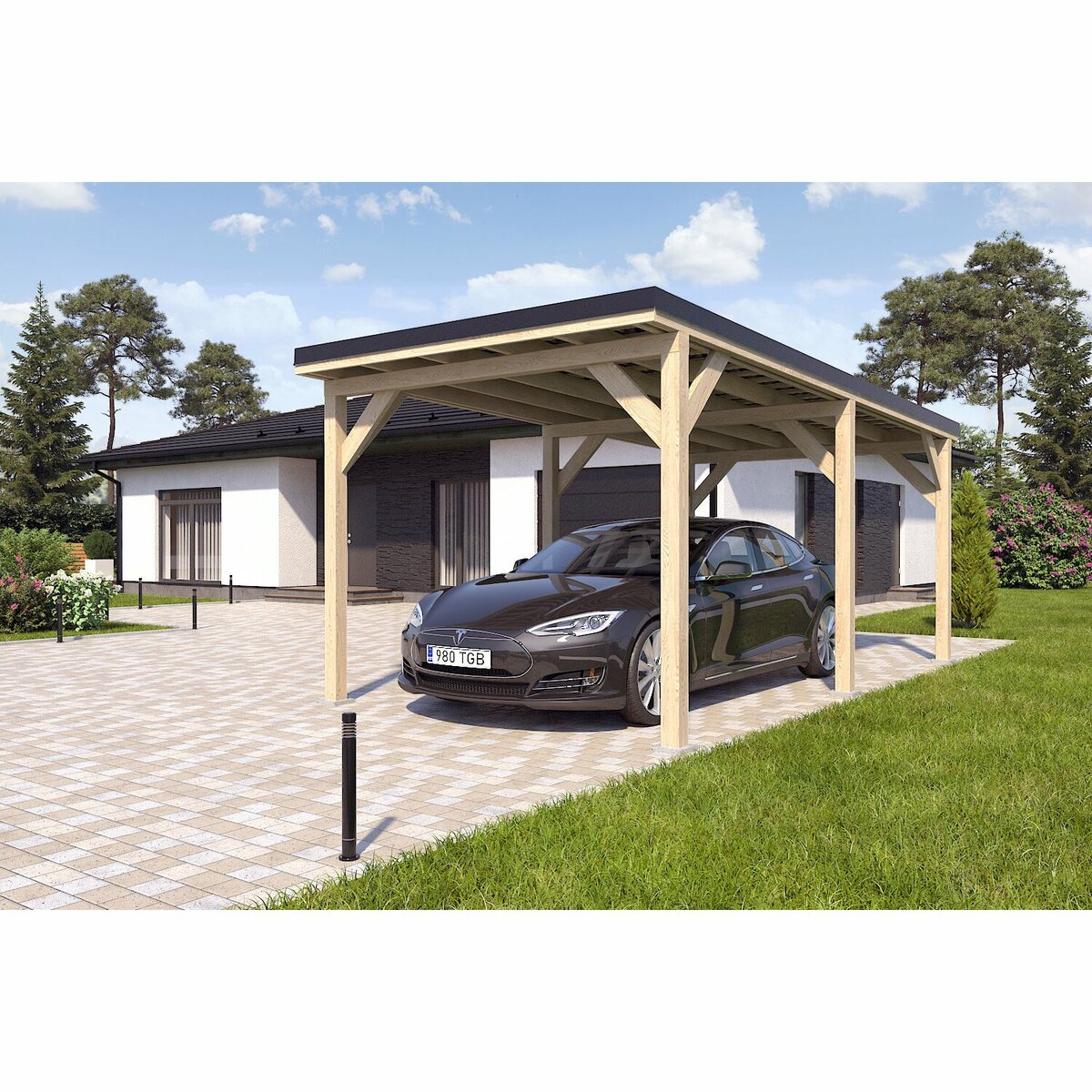 Bild 1 von Holzbrüder Einzelcarport Ralf Imprägniert 300 x 600 cm Blechdach Schwarz