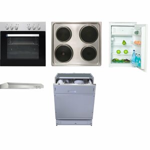 Flex-Well Küchengeräte-Set 4 Herd Kühlschrank Geschirrspüler + Dunstabzugshaube