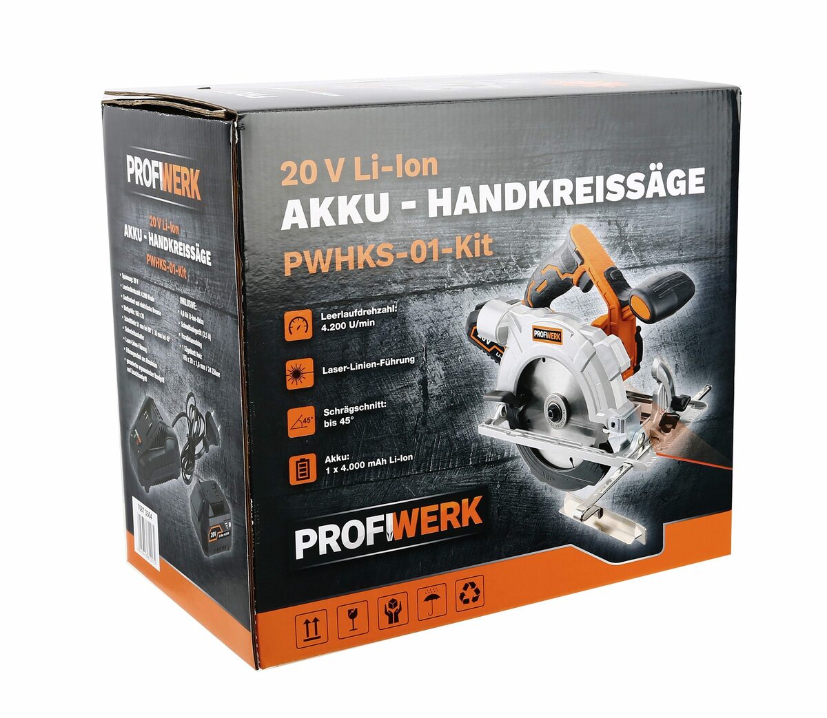 Bild 2 von Profiwerk Akku-Handkreissäge PWHKS-01-Kit 20V, 165 mm, Schnittleistung 54/35 mm 90/45°, 4,0Ah Akku, Netzteil