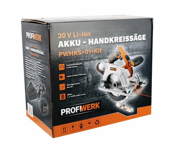 Bild 2 von Profiwerk Akku-Handkreissäge PWHKS-01-Kit 20V, 165 mm, Schnittleistung 54/35 mm 90/45°, 4,0Ah Akku, Netzteil