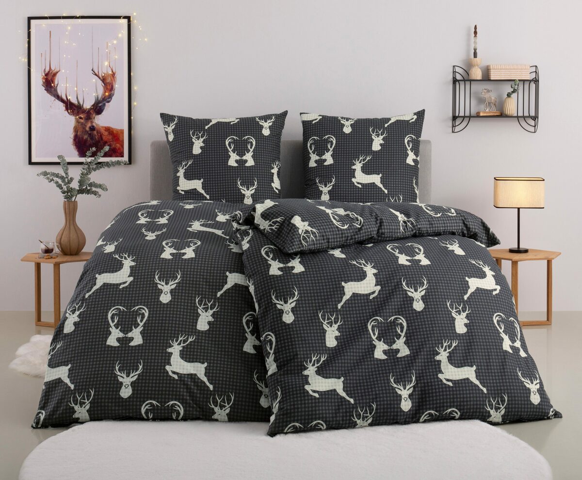 Bild 1 von Bettwäsche Hirsch, BIERBAUM, Biber, 2 teilig, winterliches Hirsch Design, kuschelige Biber Qualität, ab 135x200 cm