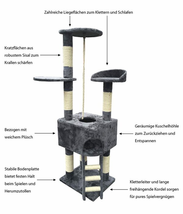 Bild 2 von Dehner Kratzbaum Kratzbaum Kira, 158 x 50 x 40 cm, Sisal/Plüsch, kuscheliger Kletterplatz inkl. Rückzugshöhle, Spielkordel und Leiter