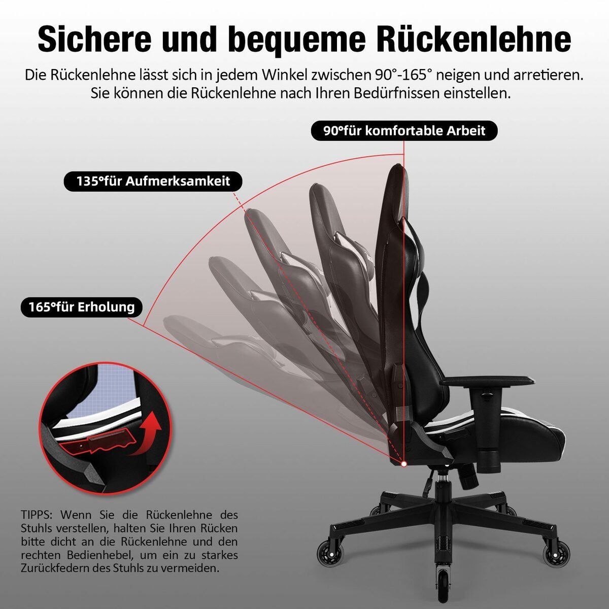 Bild 2 von Authmic Gaming-Stuhl Authmic Gaming-Stuhl Gaming Stuhl, Bürostuhl (Ergonomischer Schreibtischstuhl (mit verstellbare Kopfstütze und Lendenwirbelstütze, Computerstuhl mit Lendenkissen,Gamer St