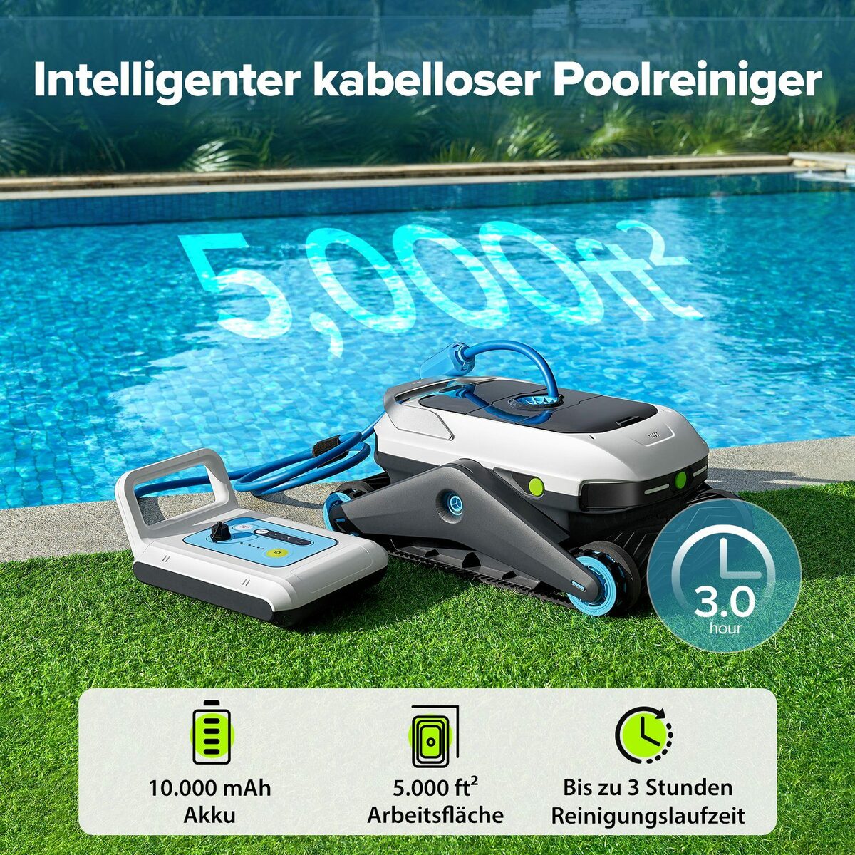 Bild 2 von Degrii Poolroboter Zima Pro, (250W leistungsstarker Motor, Drahtlose Steuerung, Ultraschallradar, Drei Reinigungsmodi für kraftvolle Reinigung, Reinigung der Wände, 180 Minuten Laufzeit / 5000