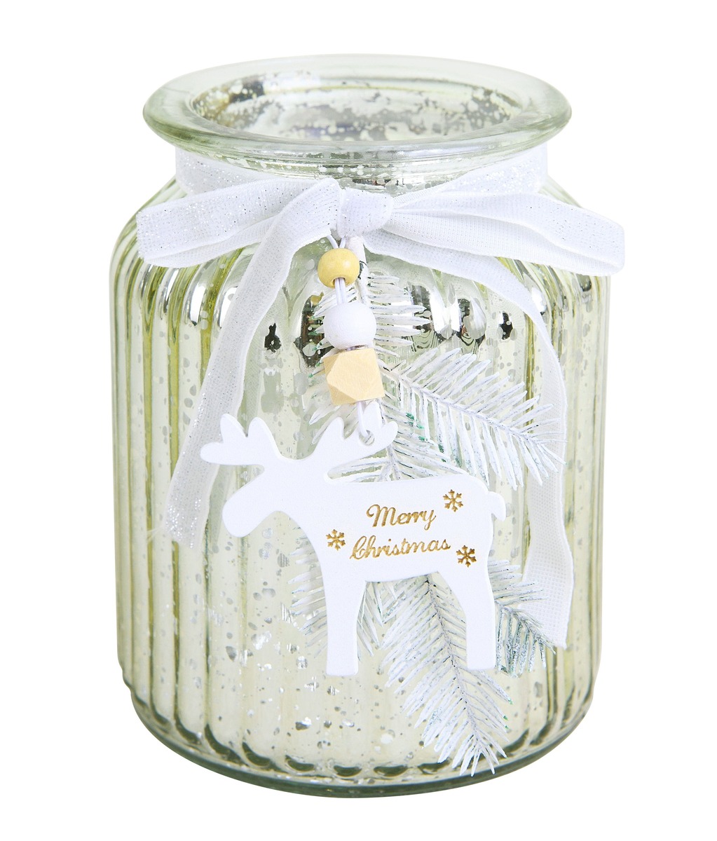 Bild 1 von Tarrington House Windlicht, Glas, Ø 11 x 14 cm, silbernen Sprenkeln und hängende Rentier, gold