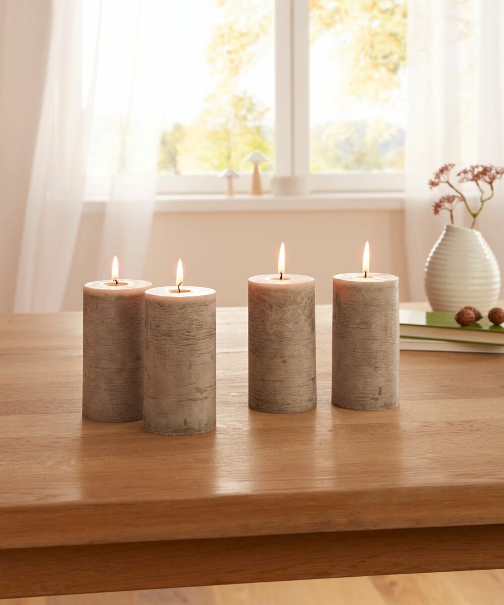 Bild 1 von HomeLiving Kerze "Rustic Grey", 4er Set Feuer Leuchten hell Tisch Deko, Wachs, Struktur