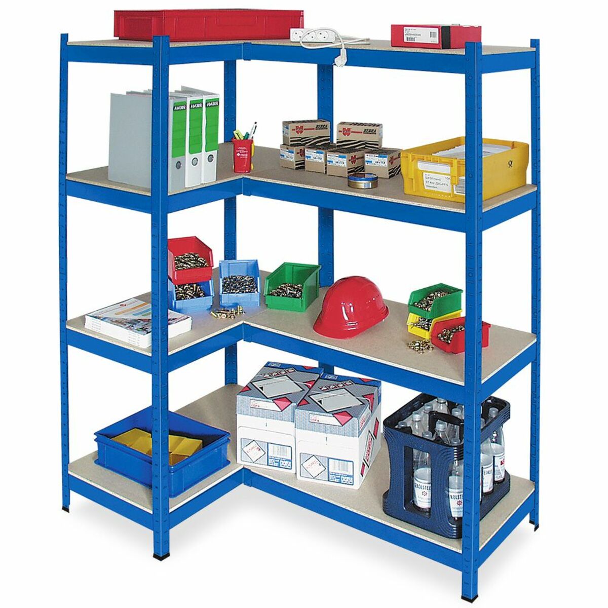Bild 1 von Schwerlast-Steck-Kompletteckregal, blau, rechts, Tragkraft 265 kg/Ebene, HxBxT 1800x900/1400x500 mm