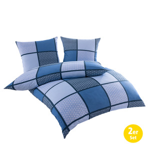 Dreamtex Mikrofaser-Jersey-Flanell-Bettwäsche - 2er Set, Karo Ornament Blau