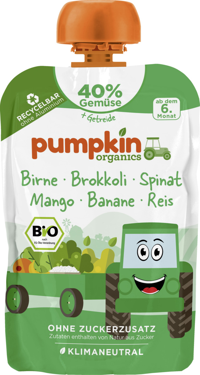 Bild 1 von Pumpkin Organics Bio Quetschie Birne, Brokkoli, Spinat, Mango, Banane, Reis