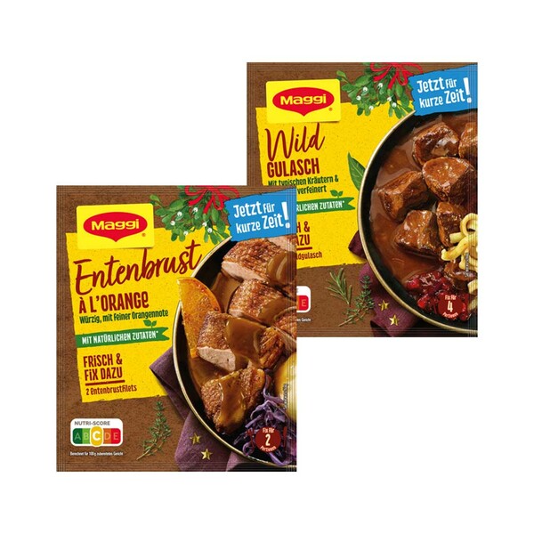 Bild 1 von MAGGI FIX  WILD GULASCH  je 46-g-Btl.  oder ENTENBURST À L’ORANGE  und weitere Sorten, je 36-g-Btl.,  Niedrigster Gesamtpreis der letzten 30 Tage: 0,49 €