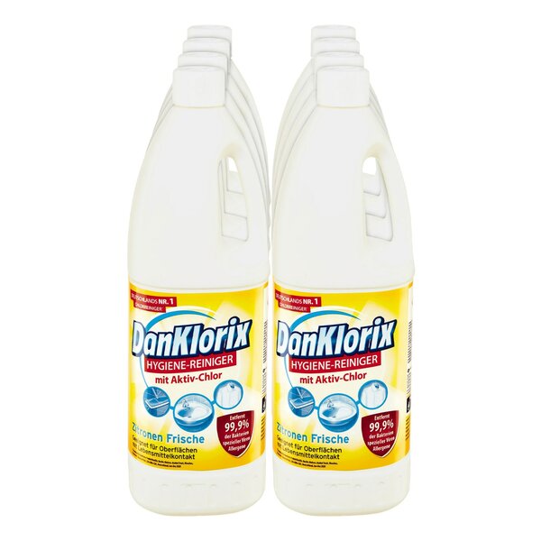 Bild 1 von DanKlorix Hygiene Reiniger mit Aktiv-Chlor Zitronen Frische 1,5 Liter, 8er Pack