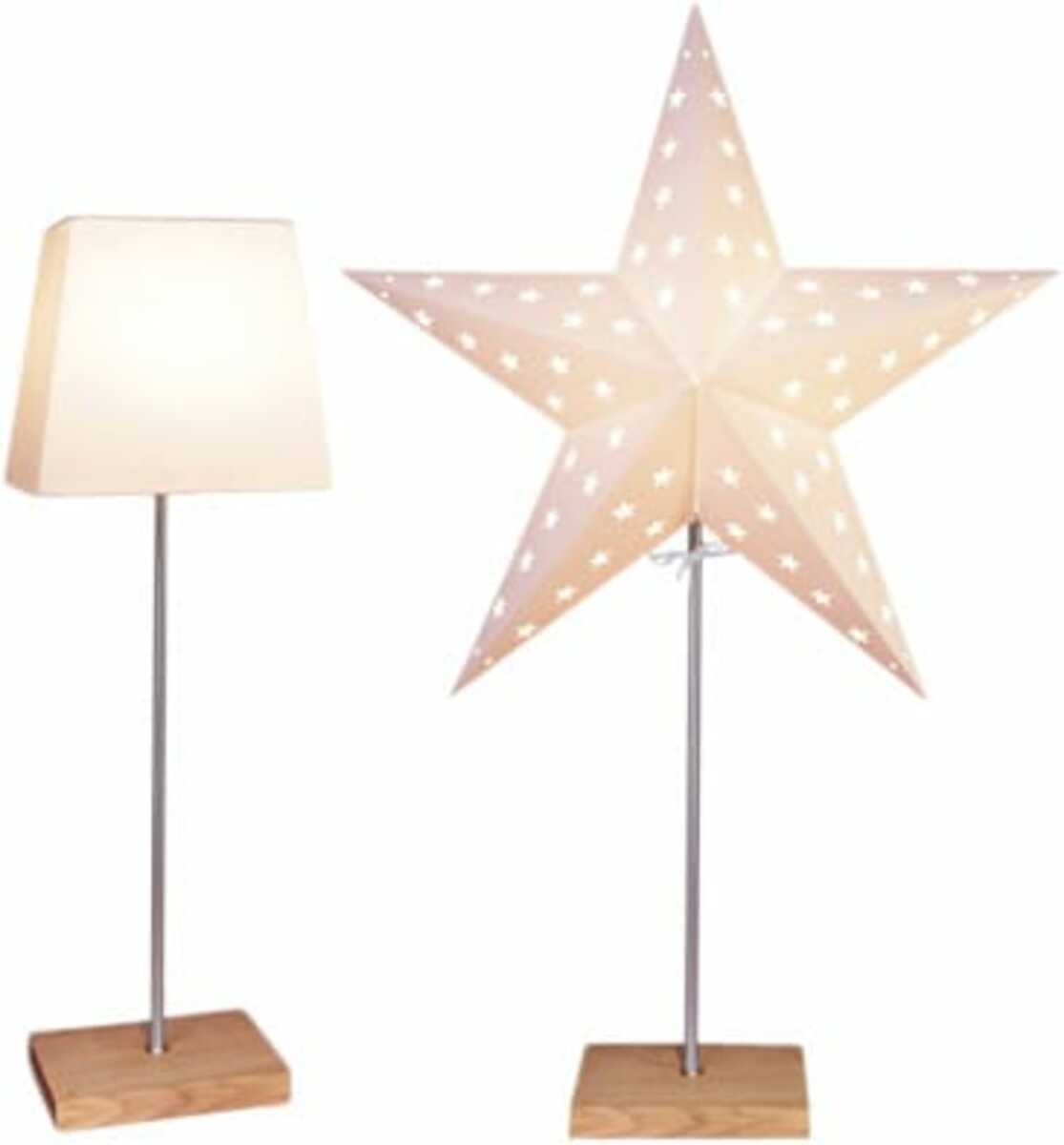 Bild 1 von Star Trading Tischlampe mit Wechselschirm Leo von Star Trading, 3D Papierstern Weihnachten oder eckiger Lampenschirm in Weiß mit Fuß aus Holz und Metall, Dekostern Tischleuchte mit Kabelschalter, E