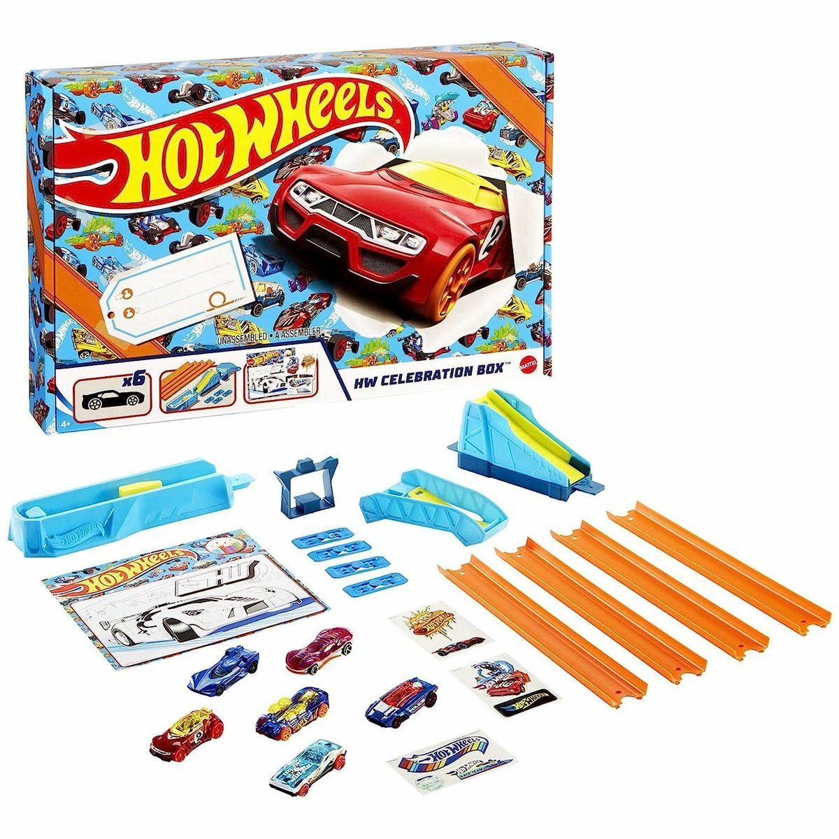 Bild 1 von Mattel GWN96 - Hot Wheels - Starterset inkl. 6 Fahrzeuge, Tracks und Rampen, Celebration Box, 1:64